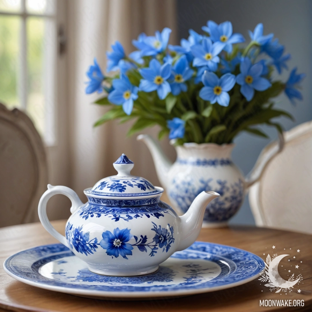 A porcelain teapot adorned with blue flowers sits on a round wooden table.