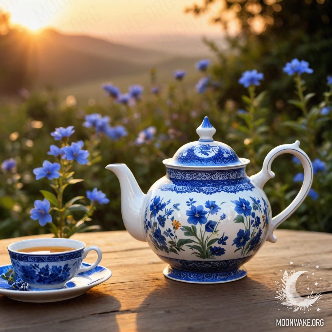 Romantic Wooden Table with Teapot and Flowers A round wooden table featuring a porcelain teapot with blue flowers against a sunset backdrop.