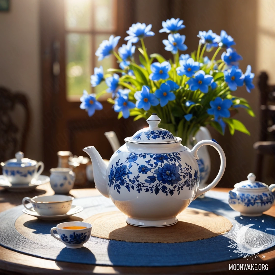 Romantic Wooden Table with Teapot and Flowers A round wooden table featuring a porcelain teapot filled with blue flowers, bathed in soft sunlight.