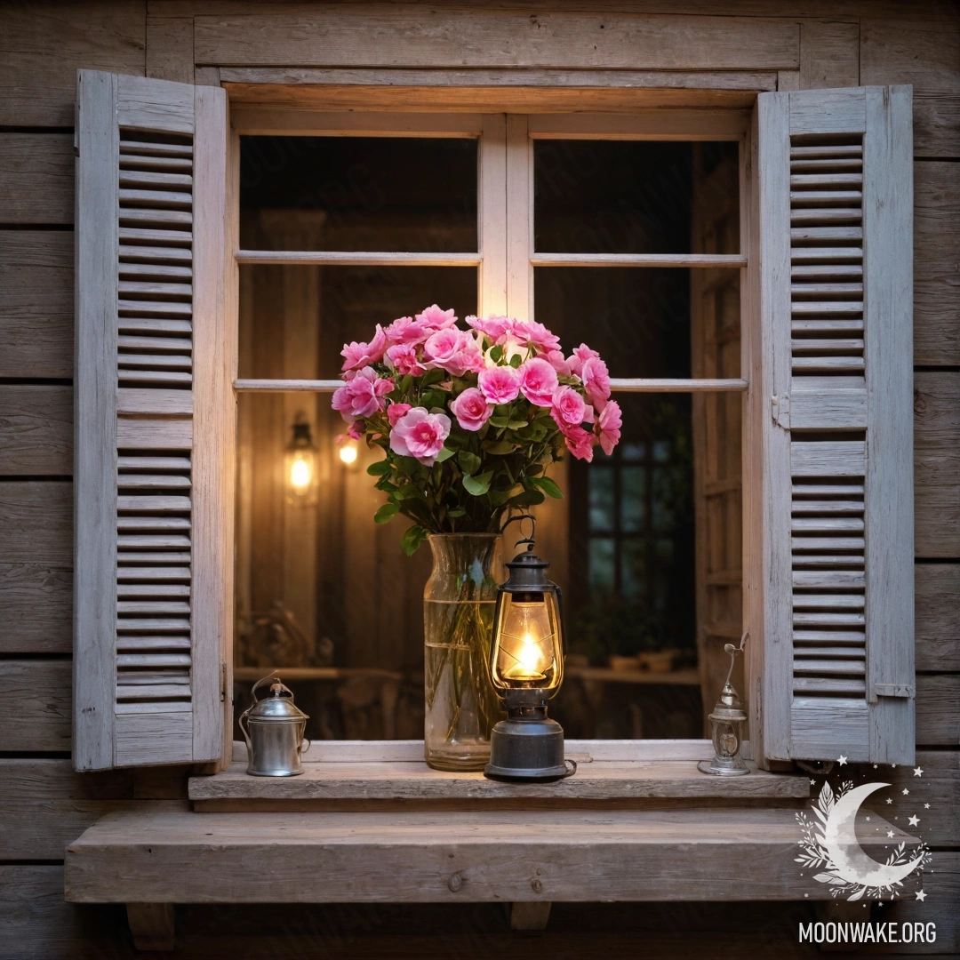 A weathered wooden window with shutters, adorned with pink flowers and a kerosene lamp hanging above.
