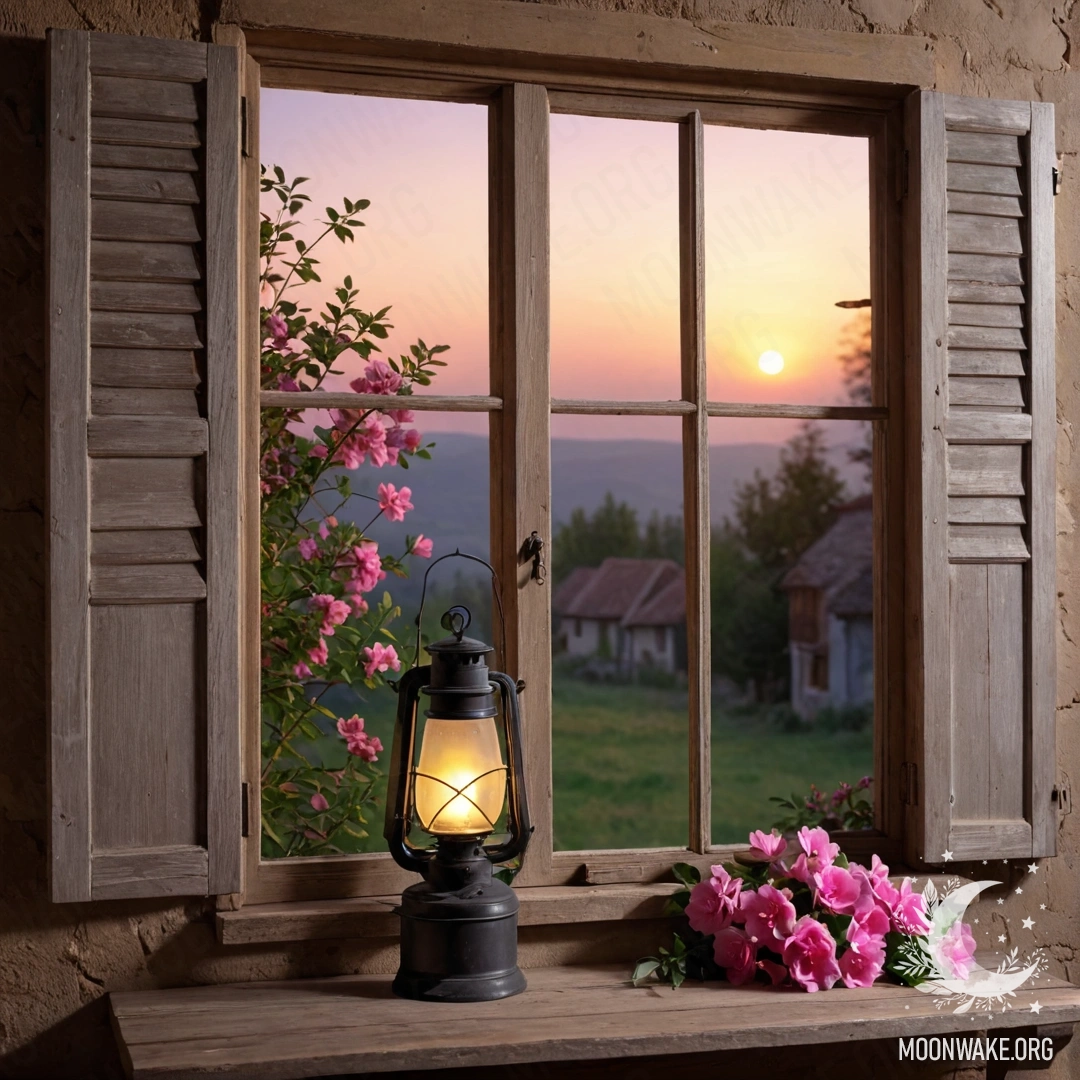 A shabby wooden window with shutters and a kerosene lamp above it, adorned with pink flowers against a sunset sky.