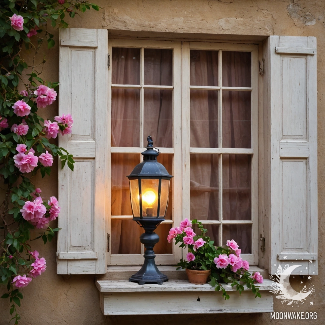 A shabby wooden window with pink flowers and a kerosene lamp.