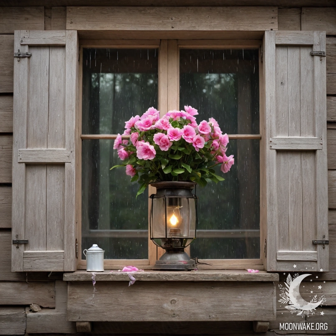 Romantic Wooden Window in Rain A shabby wooden window with shutters, a kerosene lamp above it, and a branch with pink flowers curled around it under the rain.