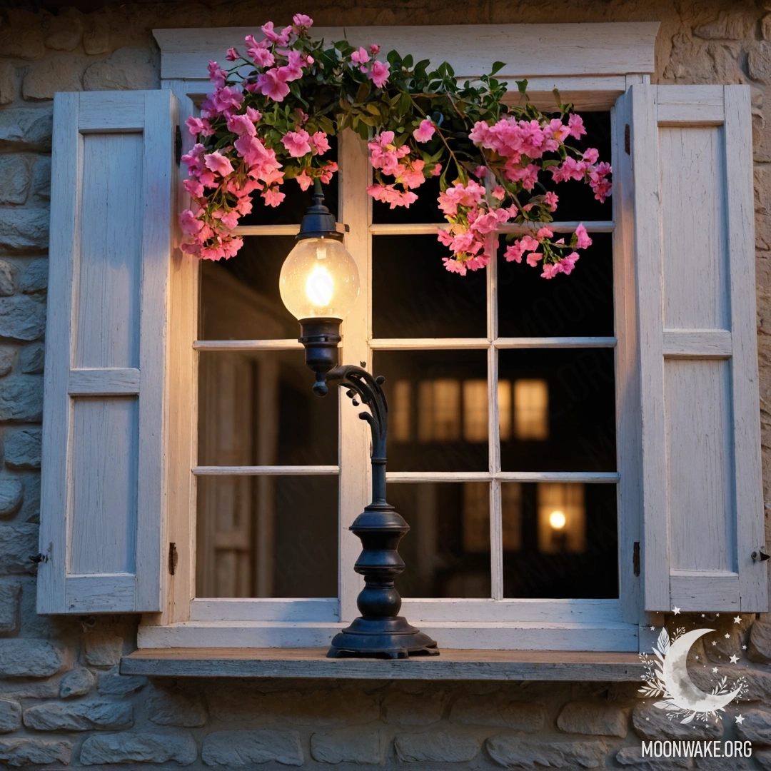 A shabby wooden window with shutters and a kerosene lamp above it, surrounded by pink flowers at night.