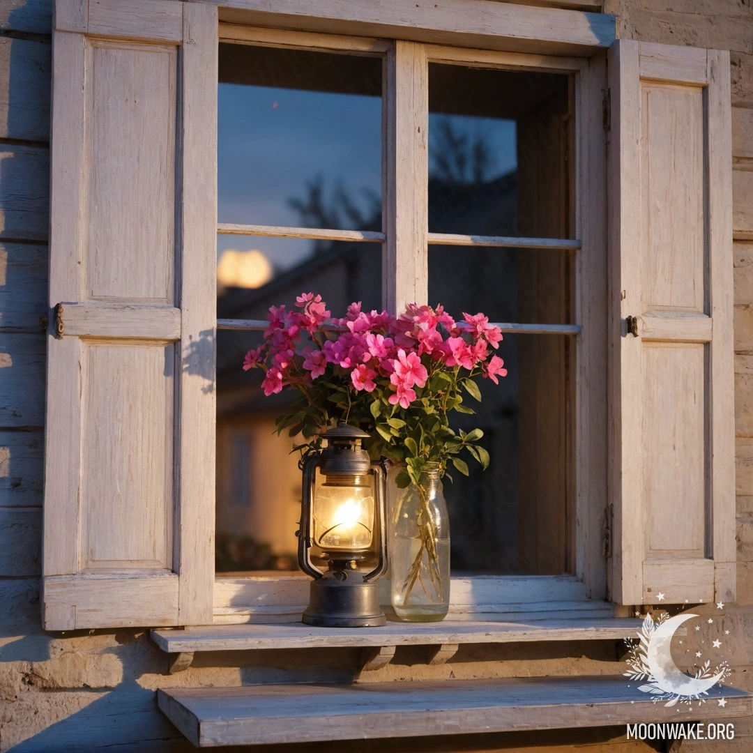 A shabby wooden window with shutters and a kerosene lamp above it, surrounded by a branch with pink flowers during sunset.