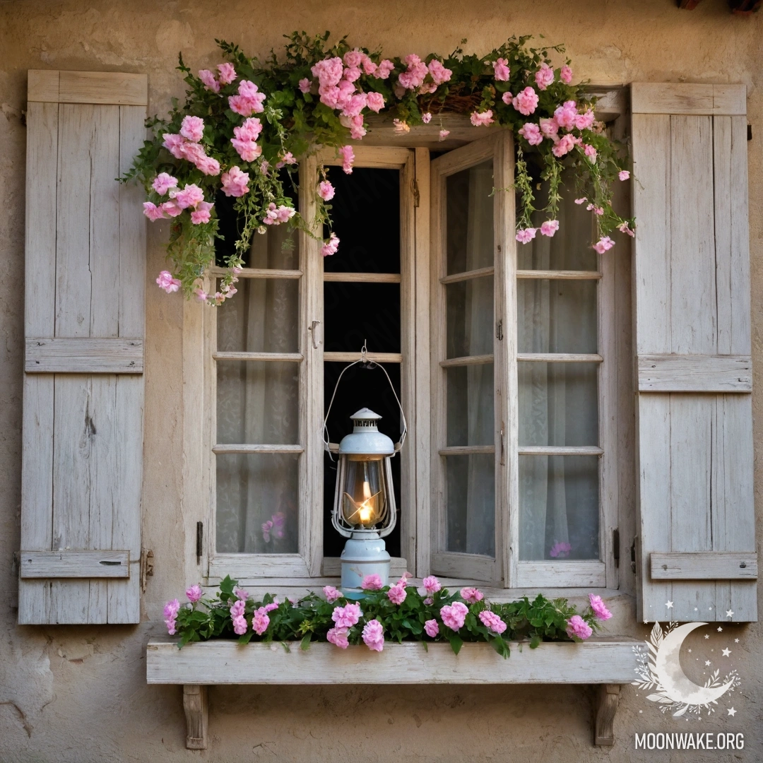 A shabby wooden window adorned with pink flowers and a kerosene lamp.