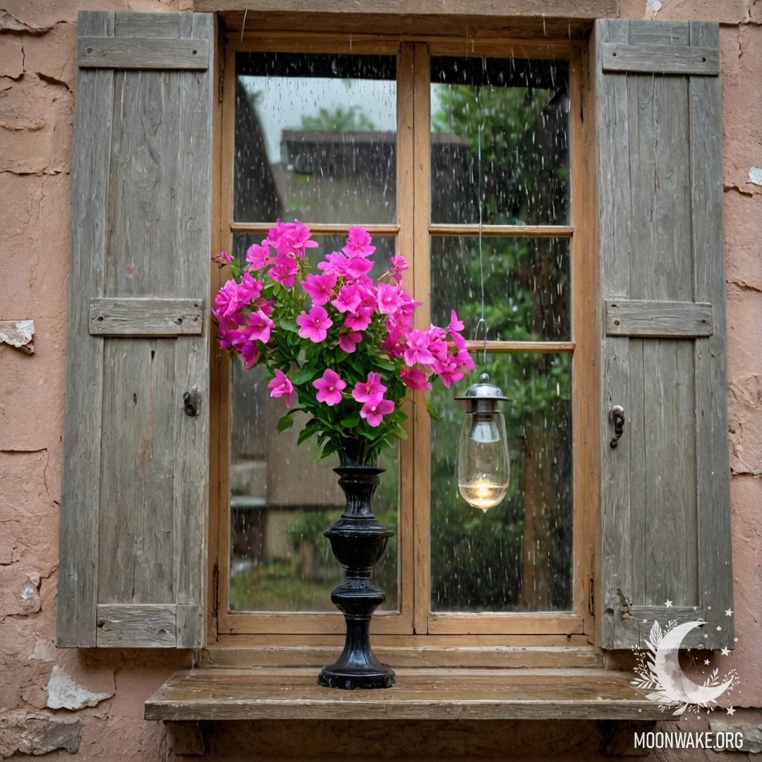 A shabby wooden window and shutters, with a kerosene lamp and pink flowers under rain.