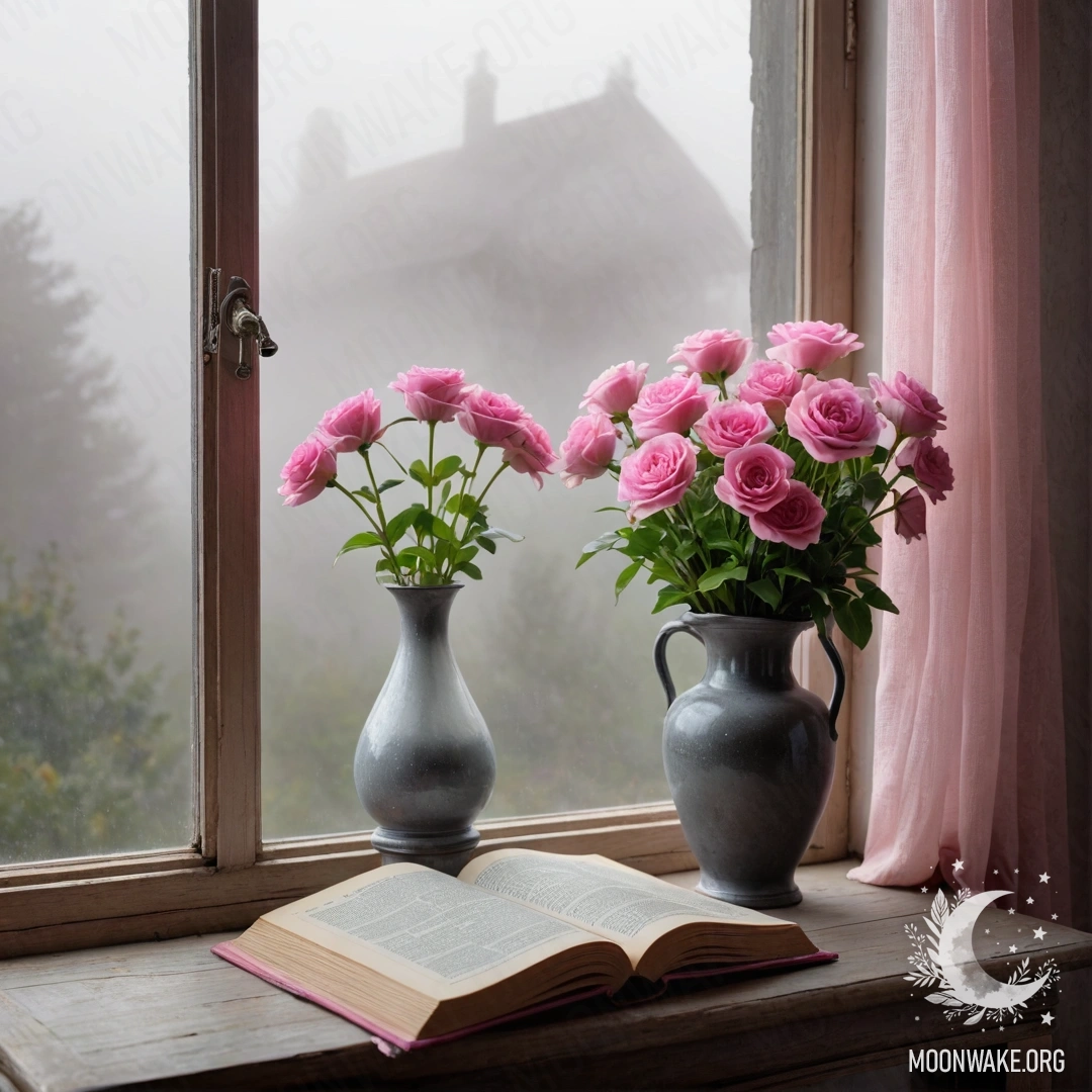 A wooden window sill adorned with an old book, a gray vase with pink flowers, and a soft pink curtain in heavy fog.