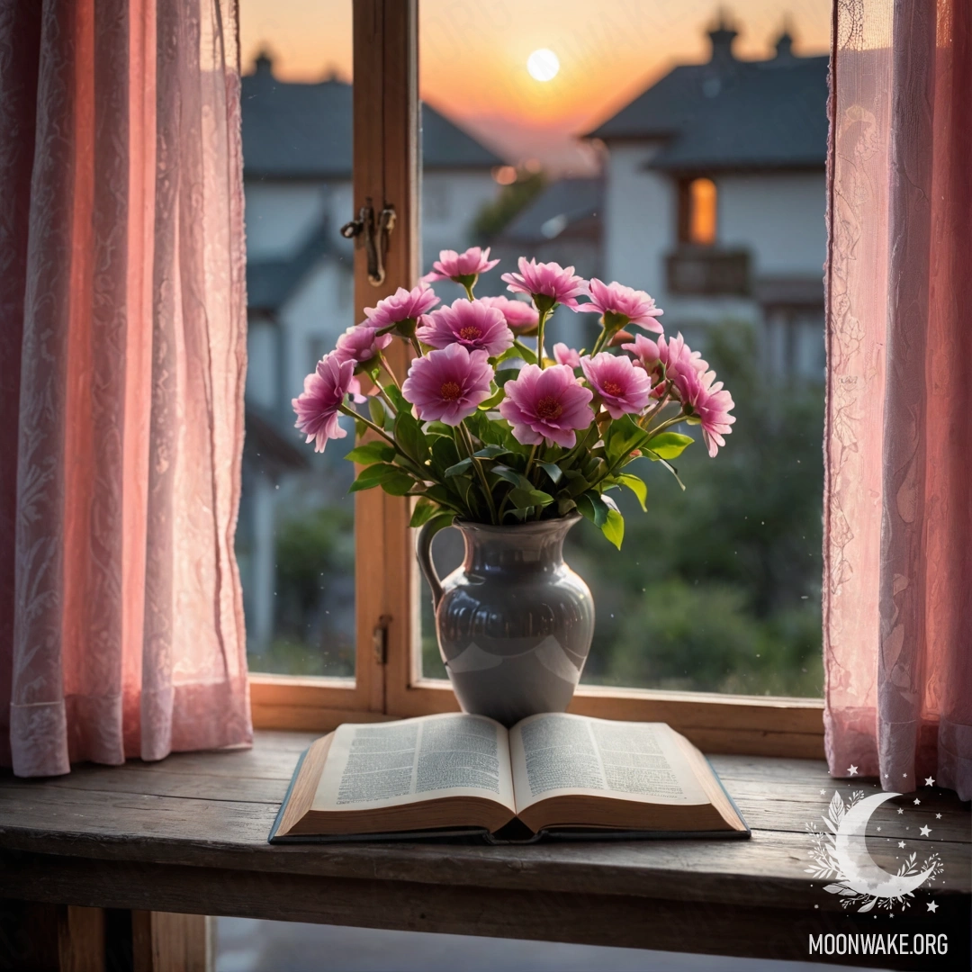 A wooden window sill adorned with an old book and flowers in a vase.