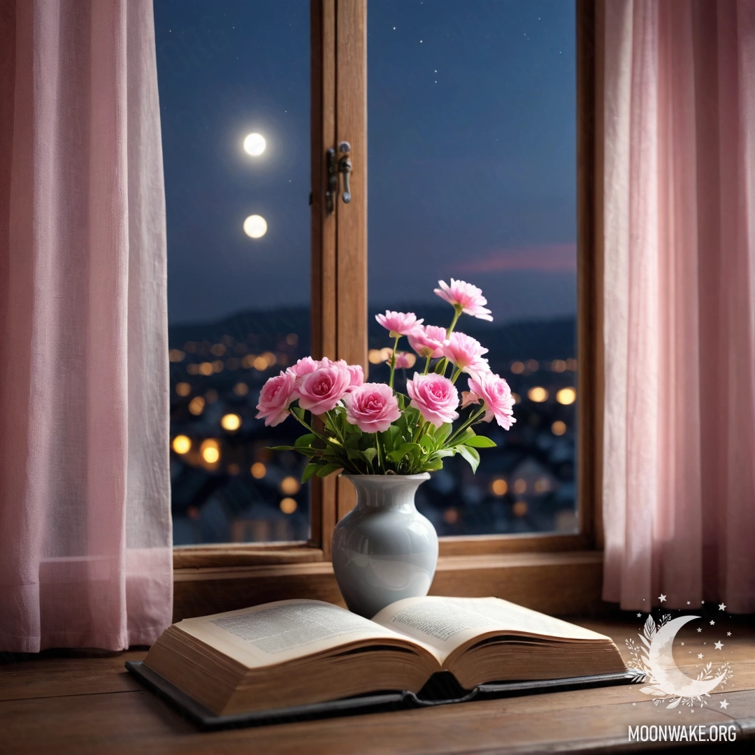 A wooden window sill featuring an old shabby book, a gray vase with pink flowers, and a pink curtain at night.