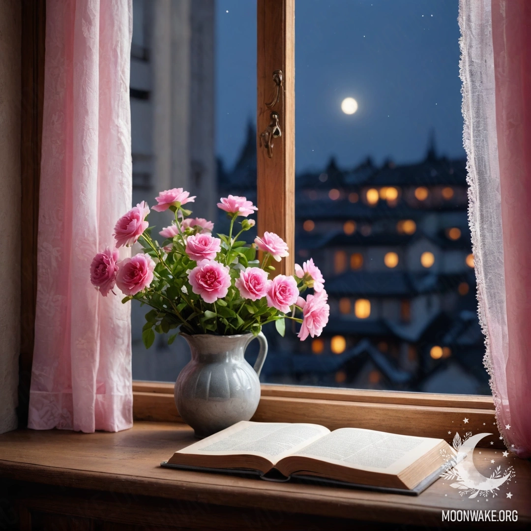 A wooden window sill with an old shabby book, a gray vase with pink flowers, and a pink curtain at night.