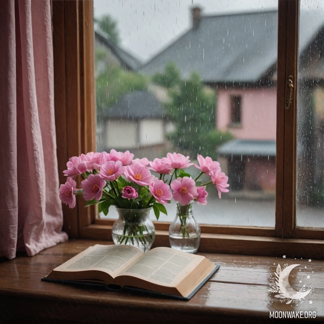 A wooden window sill with an old book, gray vase with pink flowers, and pink curtain in the rain.