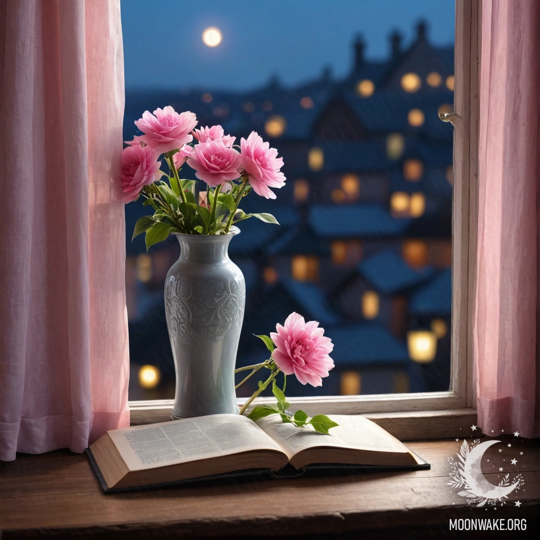 Romantic Wooden Window Sill An old shabby book and a gray vase with pink flowers on a window sill at night.