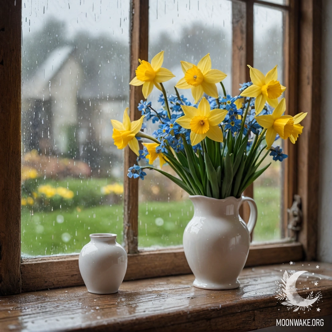 A white porcelain vase with daffodils and forget-me-nots on a shabby wooden windowsill, under the rain.