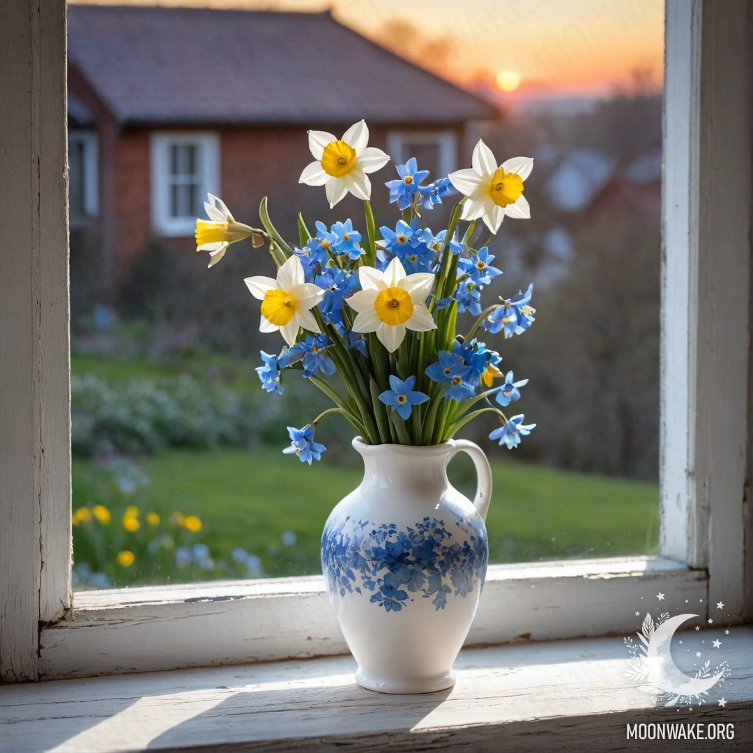 A shabby wooden window sill adorned with a white porcelain vase filled with daffodils and forget-me-nots at sunset.