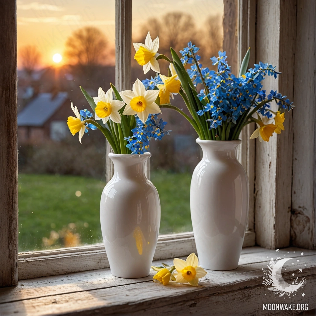 An old shabby wooden window sill with a white porcelain vase filled with daffodils and forget-me-nots at sunset.