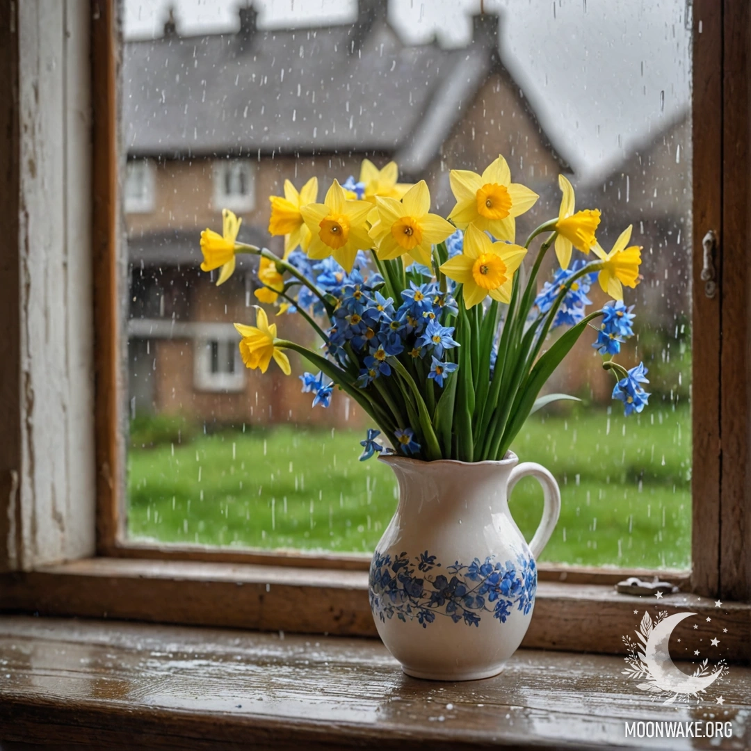A white porcelain vase with daffodils and forget-me-nots on an old shabby wooden window sill under the rain.