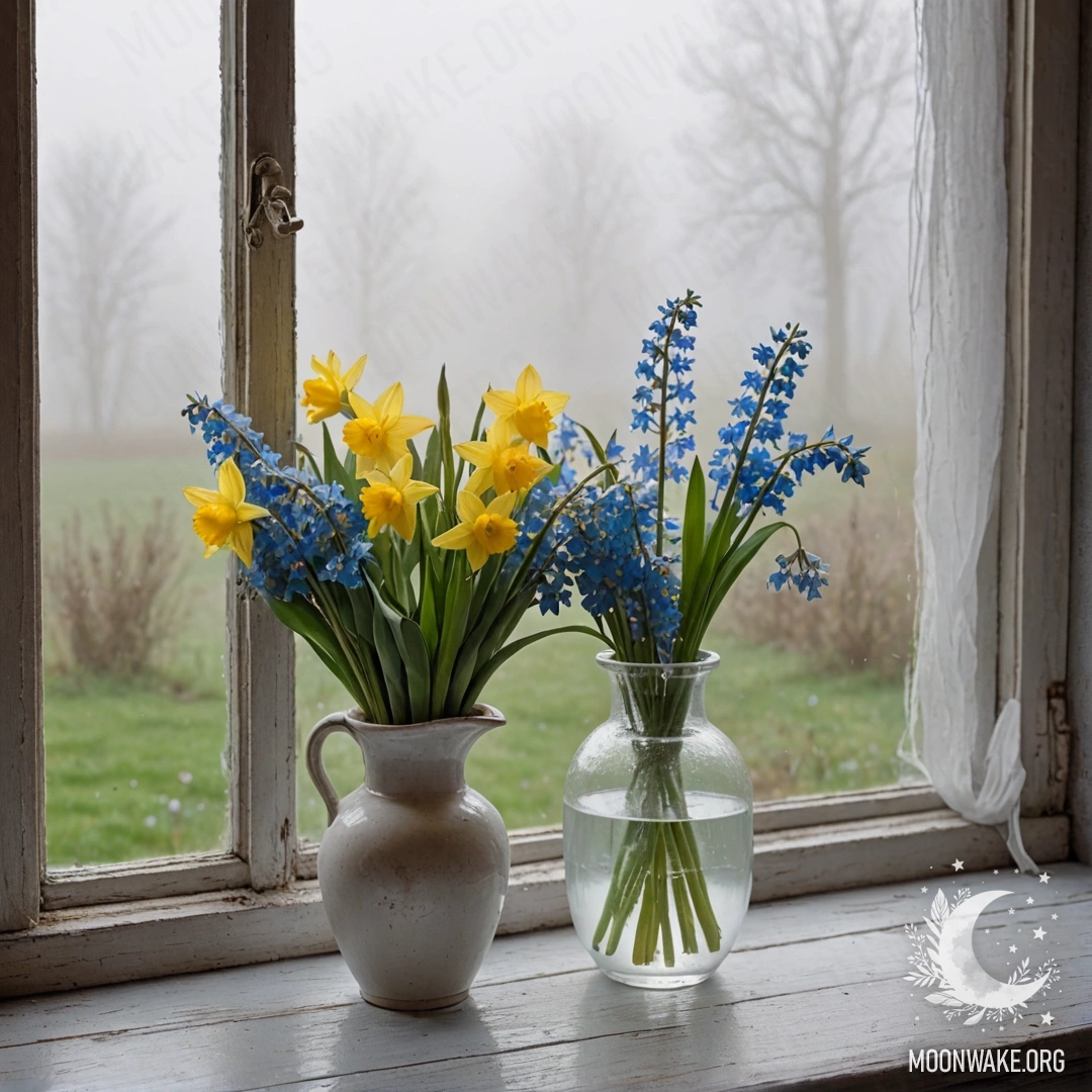 An old shabby wooden window sill adorned with a white porcelain vase containing daffodils and forget-me-nots, veiled in a dense mist.