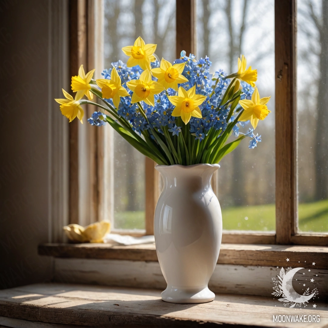 A weathered wooden window sill adorned with a white porcelain vase filled with daffodils and forget-me-nots.