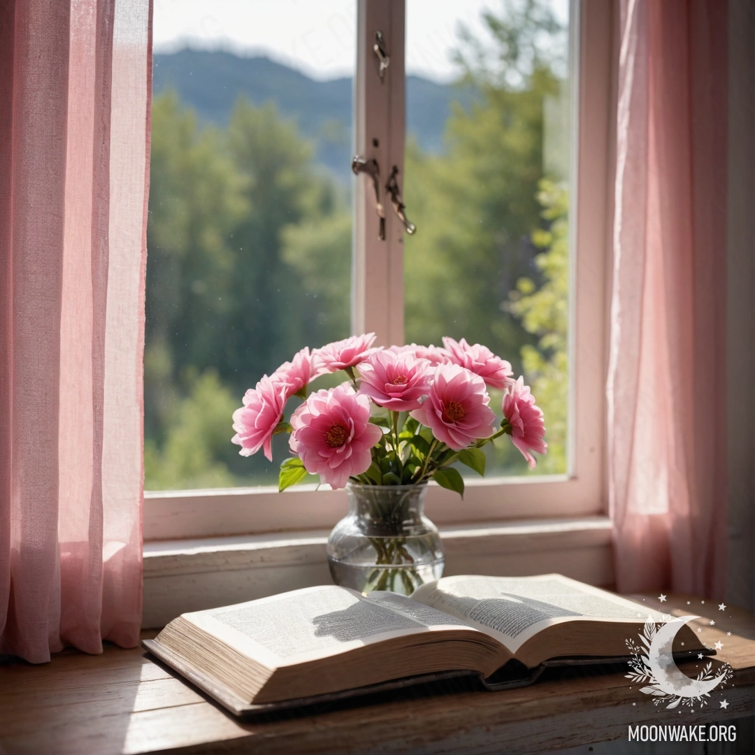 A wooden window sill adorned with an old book, a gray vase filled with pink flowers, and softly draping pink curtains.
