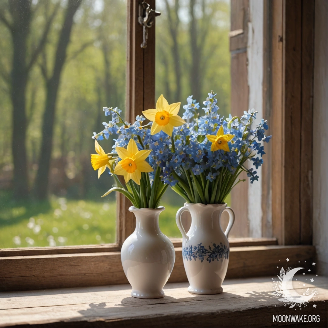 A shabby old wooden window sill adorned with a white porcelain vase filled with daffodils and forget-me-nots, softly illuminated by sun rays.