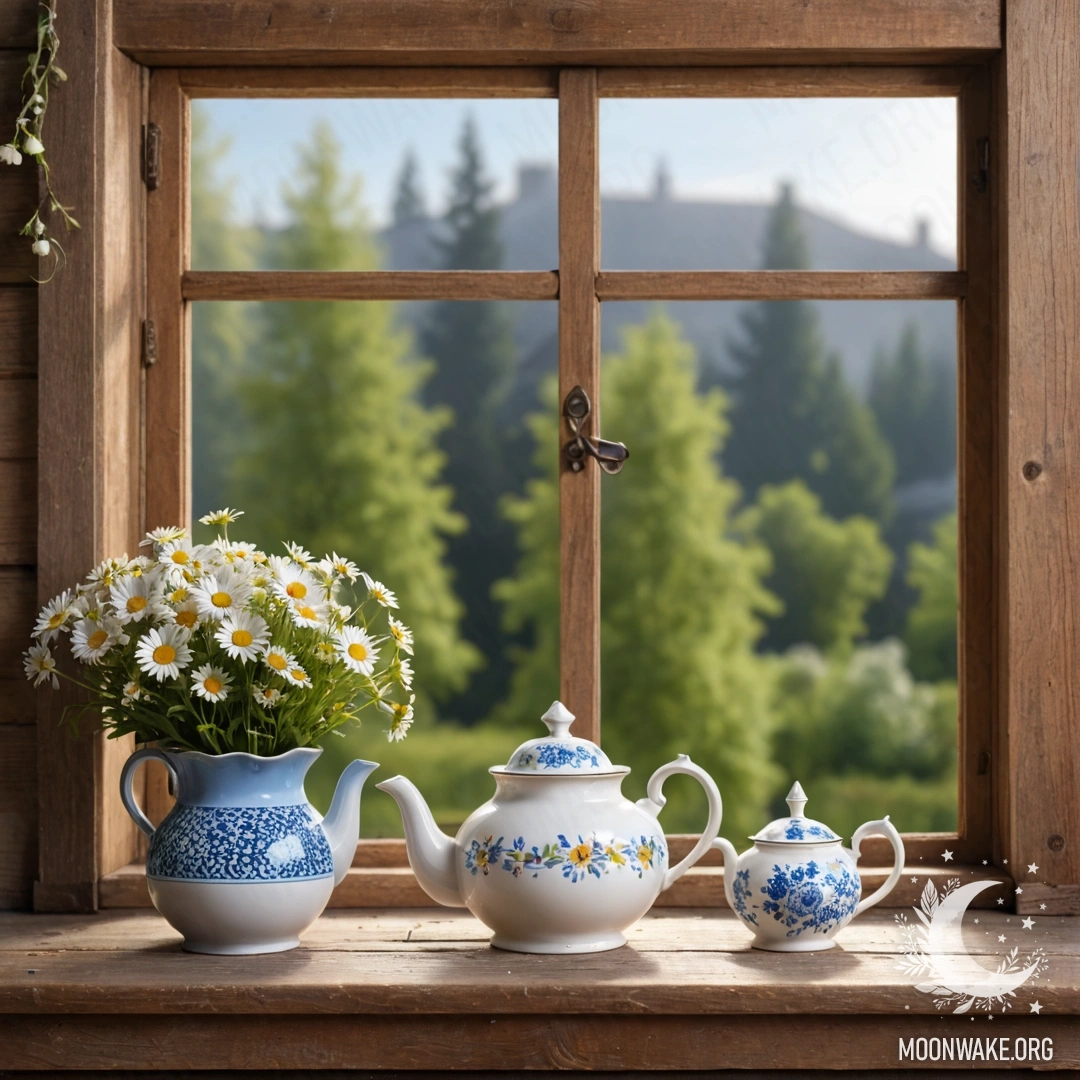 A shabby wooden window sill with a metal teapot and daisies, adorned with garland lights.
