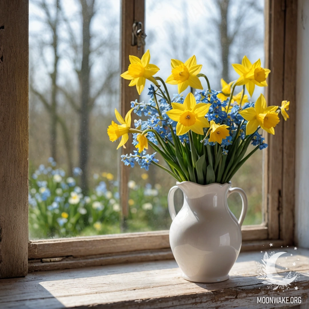 An old, shabby wooden window sill adorned with a white vase containing daffodils and forget-me-nots.