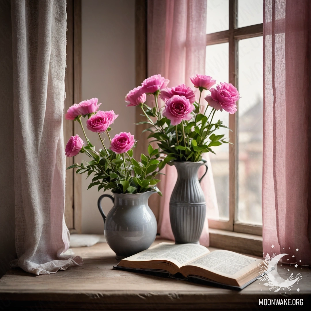 A wooden window sill with an old book and a gray vase of pink flowers.