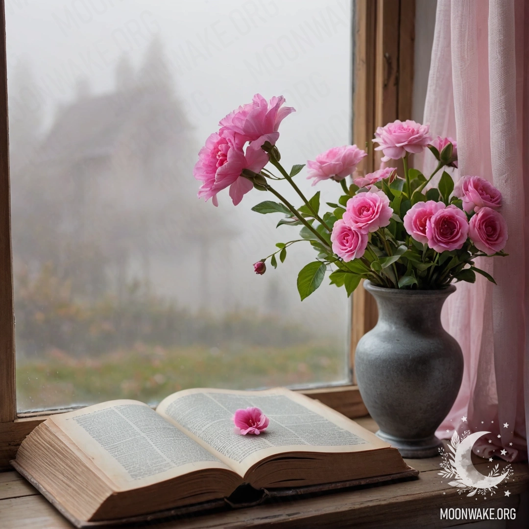 Romantic Wooden Window Sill with Flowers A wooden window sill adorned with an old book, a gray vase containing pink flowers, and a soft pink curtain shrouded in dense fog.
