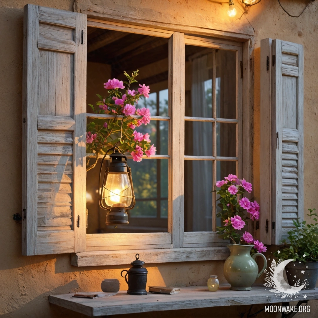 A shabby wooden window with shutters, adorned by a kerosene lamp and pink flowers at sunset.