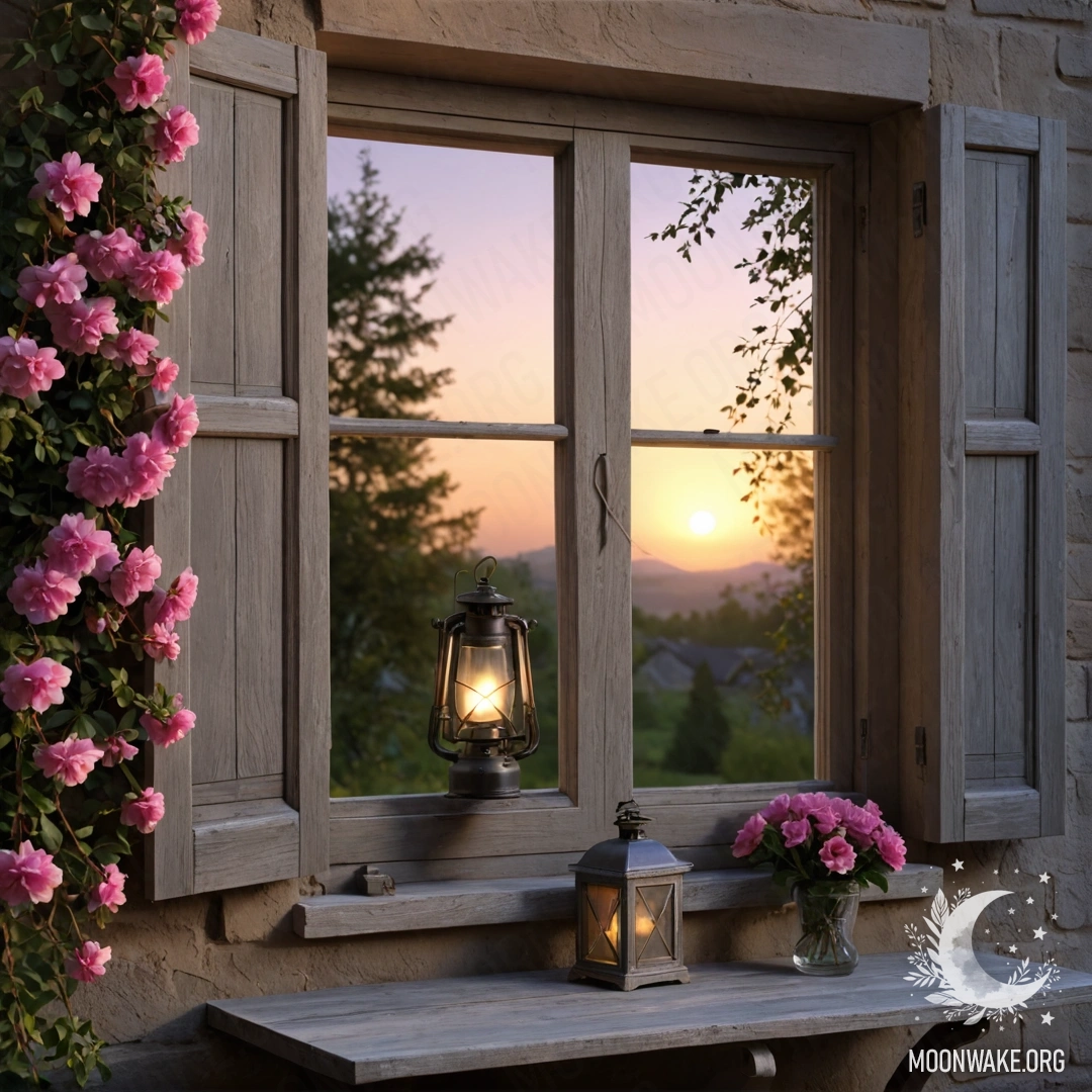 A shabby wooden window with shutters adorned by pink flowers and a kerosene lamp above it at sunset.