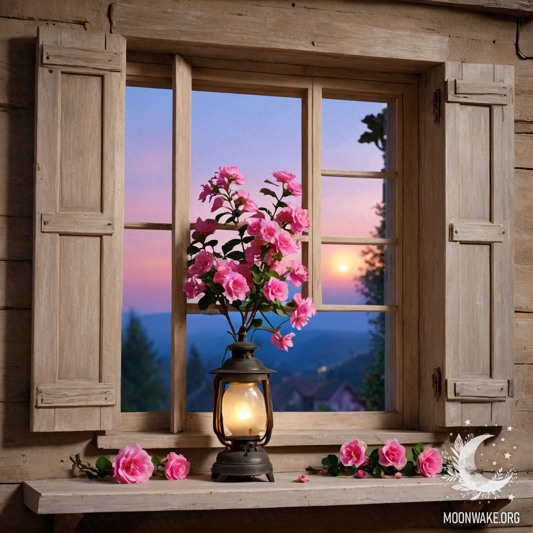 A shabby wooden window with shutters surrounded by pink flowers and a kerosene lamp.