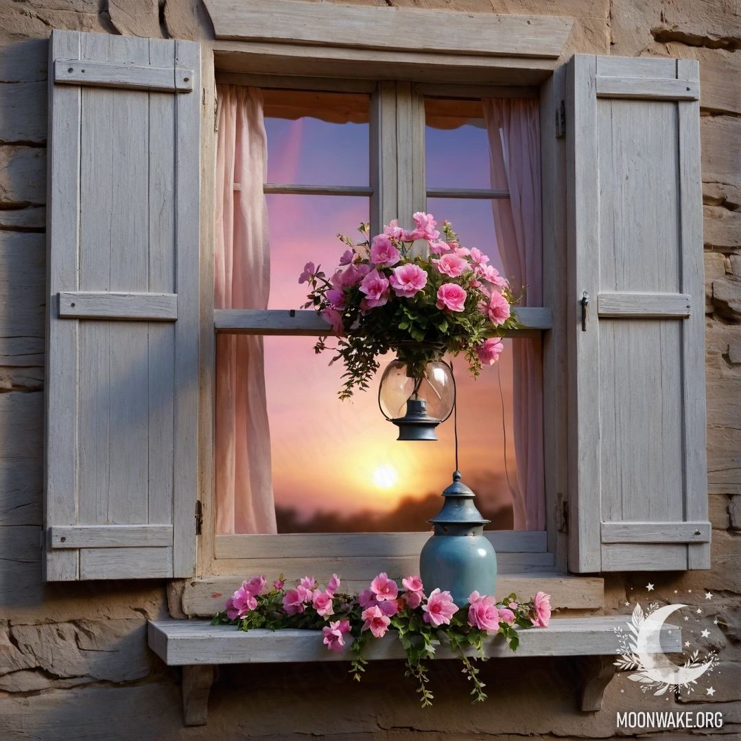 A shabby wooden window adorned with pink flowers and a kerosene lamp hanging above it during sunset.