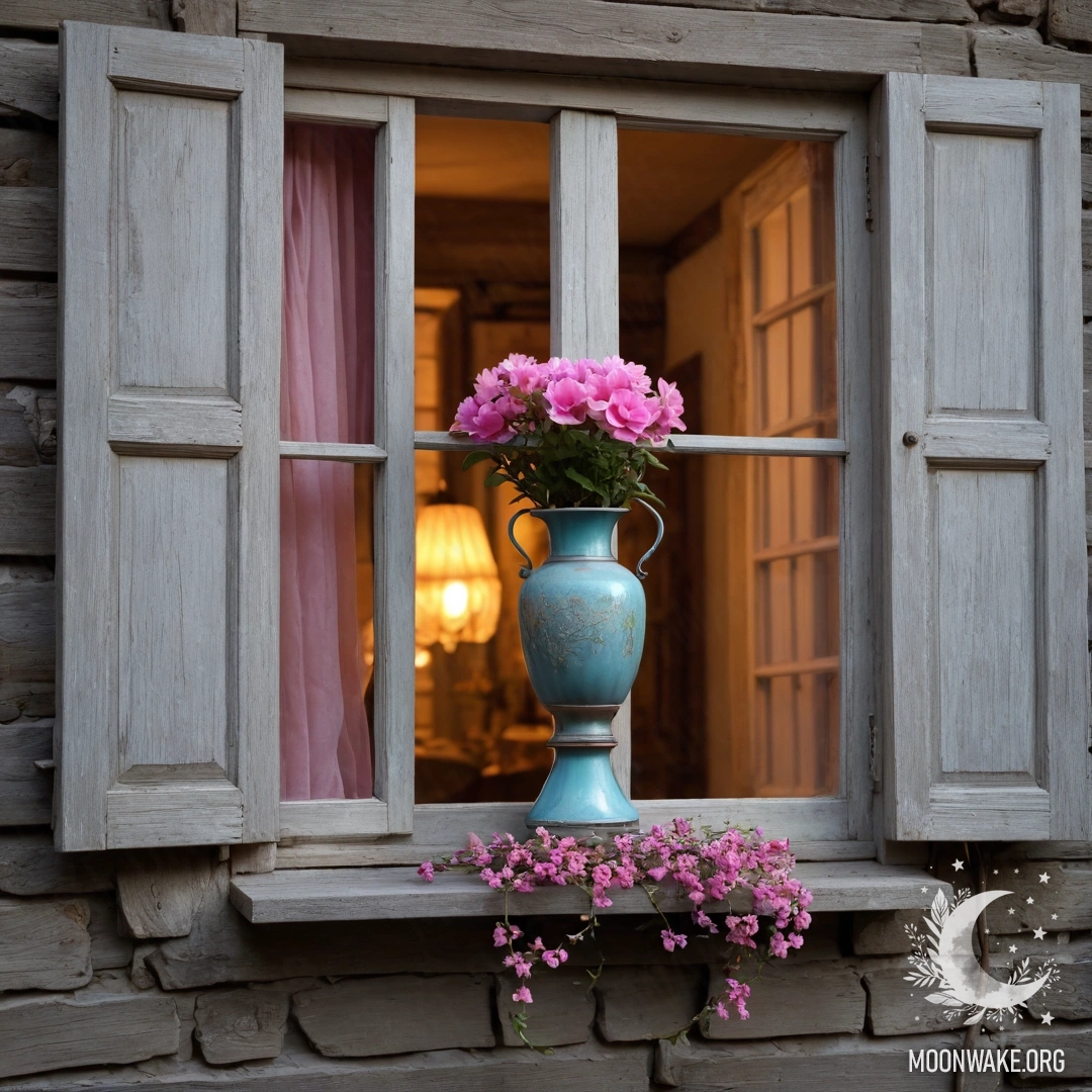 A shabby wooden window with shutters and a kerosene lamp above, adorned by a branch with pink flowers at sunset.