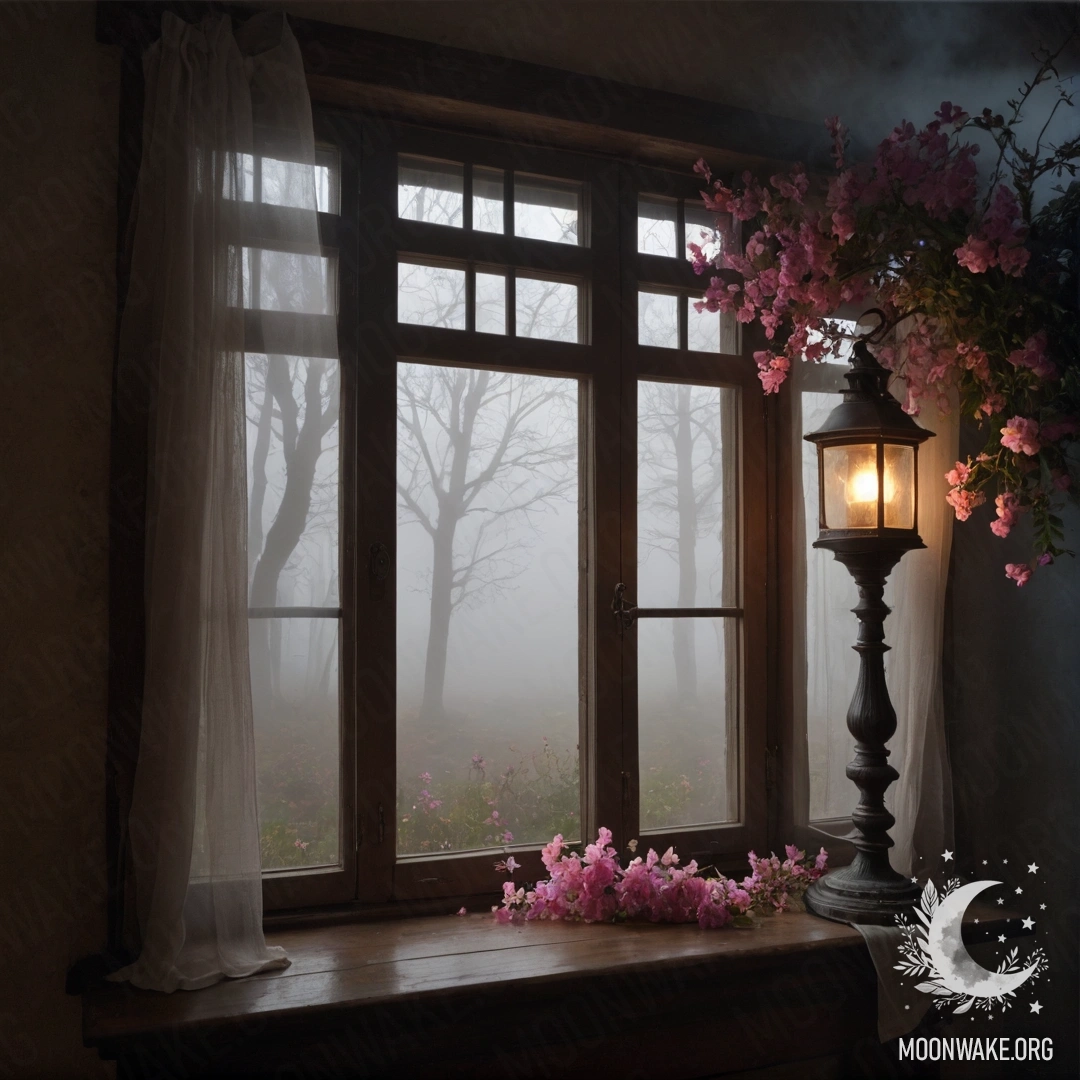 Romantic Wooden Window with Flowers A shabby wooden window adorned with shutters and pink flowers, surrounded by dense fog and illuminated by a kerosene lamp.