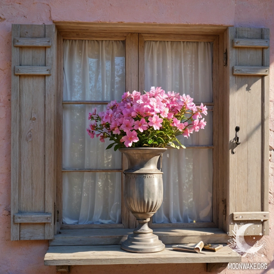 Romantic Wooden Window with Flowers Photorealistic image of a shabby wooden window, shutters, and a kerosene lamp with pink flowers and sun rays.