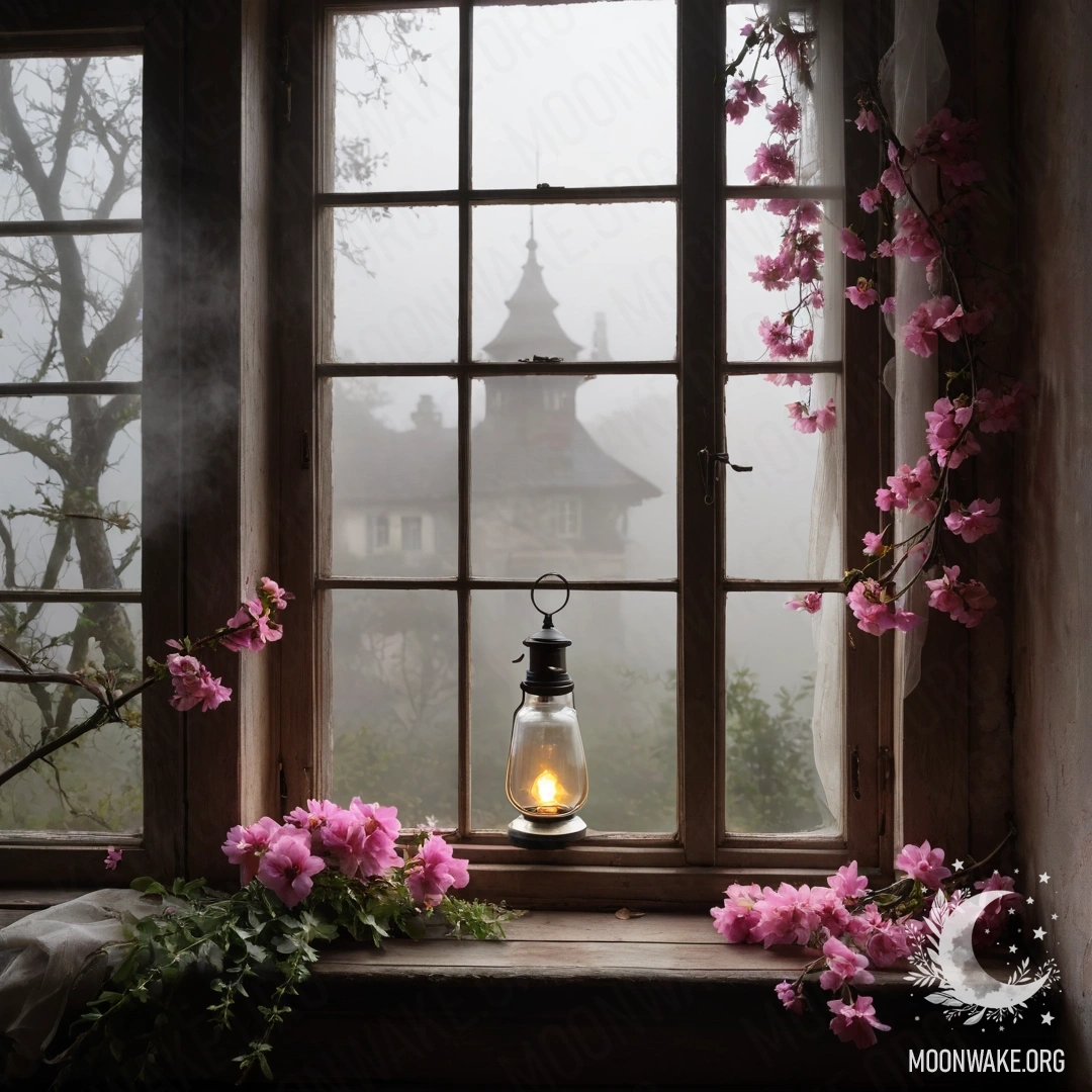 A rustic wooden window framed by shutters, adorned with pink flowers and a kerosene lamp above, surrounded by thick fog.