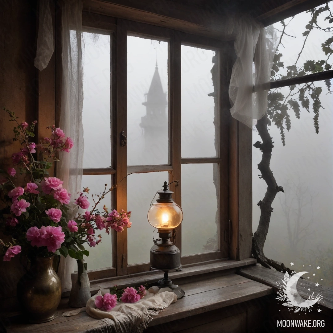A shabby wooden window with a kerosene lamp and pink flowers, surrounded by fog.