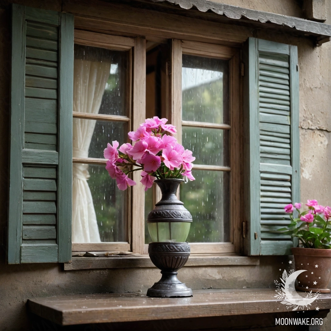 A shabby wooden window adorned with pink flowers and a kerosene lamp, surrounded by rain.