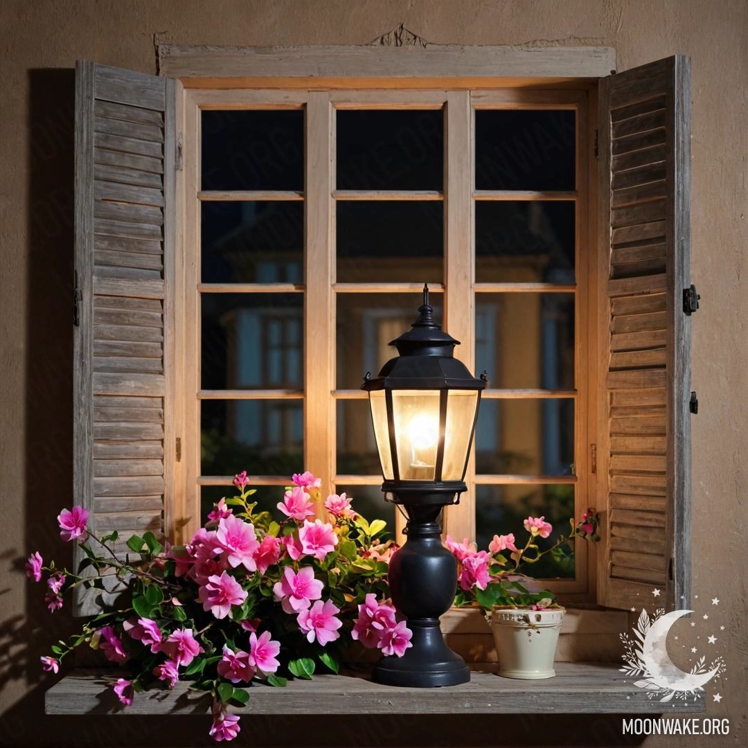 A shabby wooden window with pink flowers and a kerosene lamp at night
