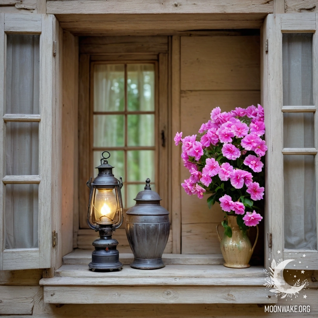 A shabby wooden window with shutters, a hanging kerosene lamp, and pink flowers curling around the window.