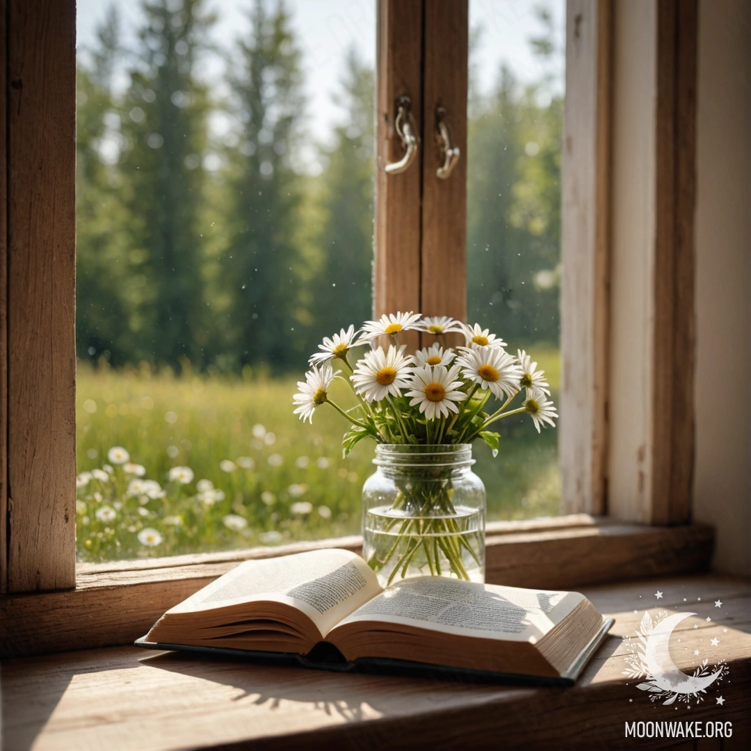 A rustic wooden windowsill adorned with a jar of daisies, beside an open book, illuminated by sun rays.