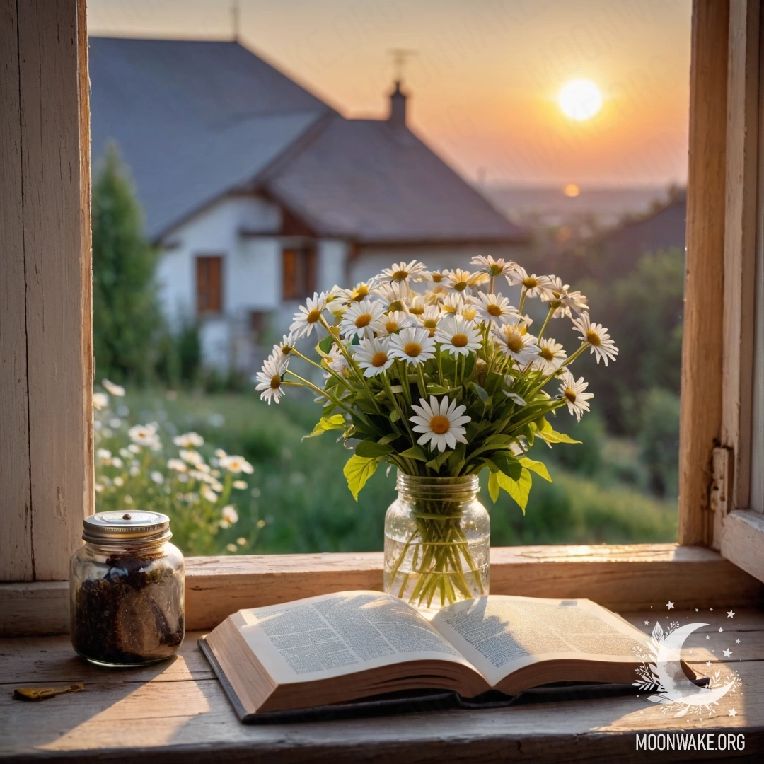 A shabby wooden windowsill with a jar of daisies and an open book.