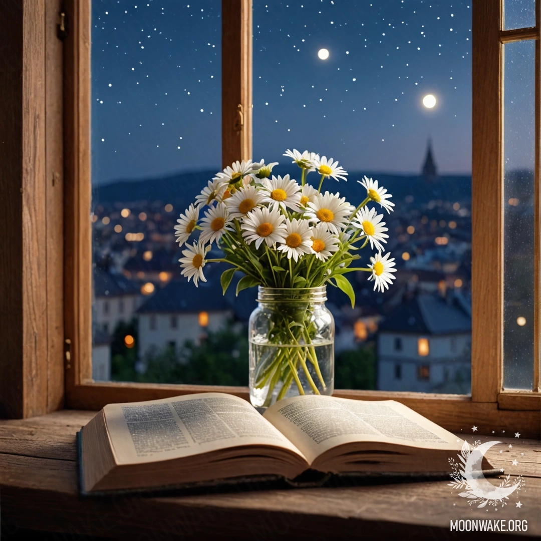 A shabby wooden windowsill with a jar of daisies and an open book at night.