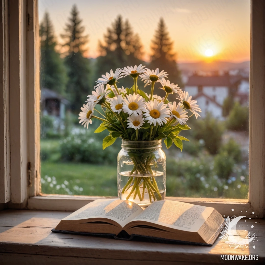 A shabby wooden windowsill with a jar of daisies and an open book at sunset.