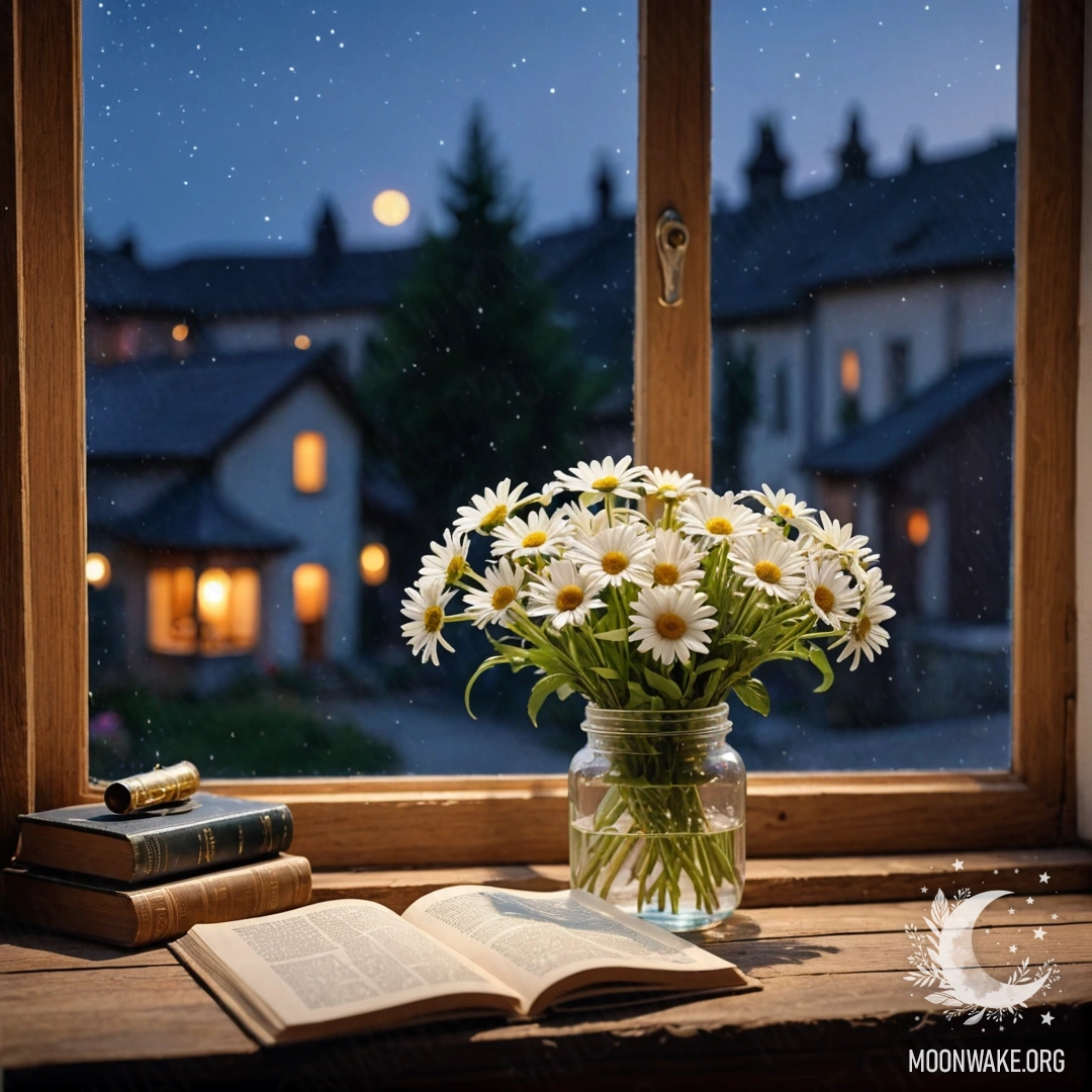 A shabby wooden windowsill with a jar of daisies and an open book at night.