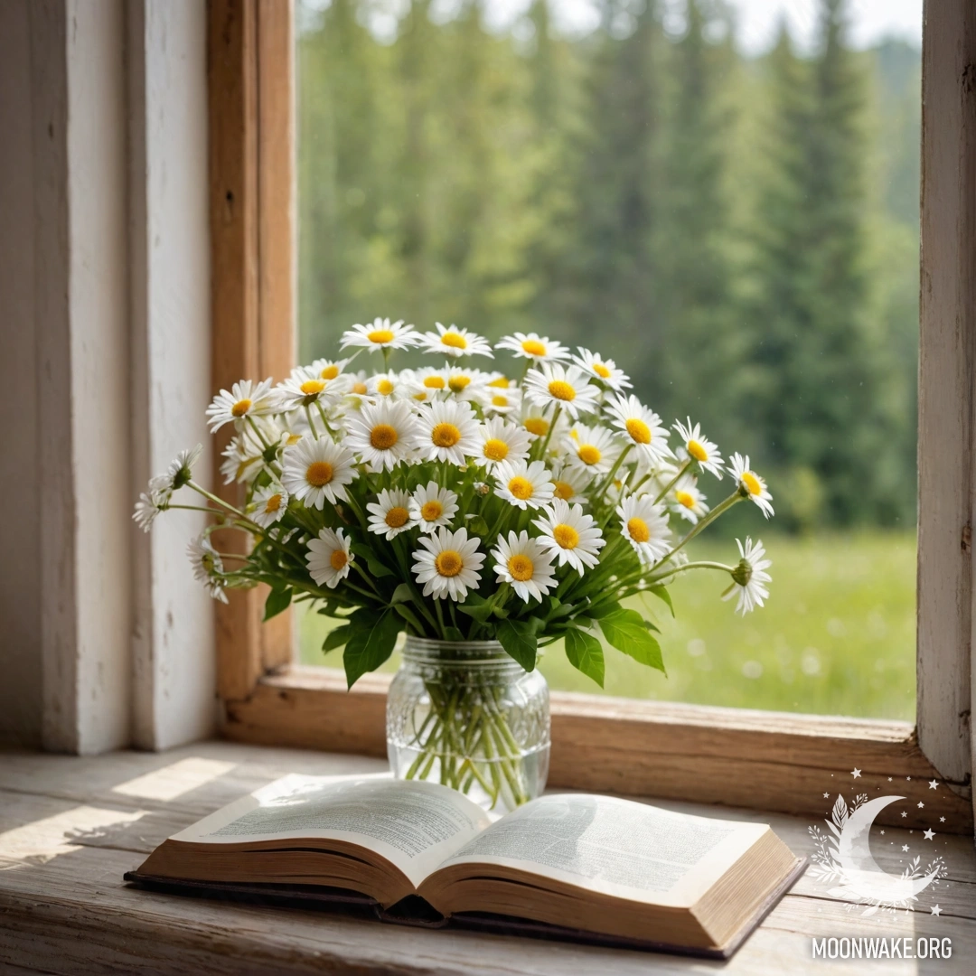A rustic wooden windowsill featuring a jar of daisies and an open book with a lens
