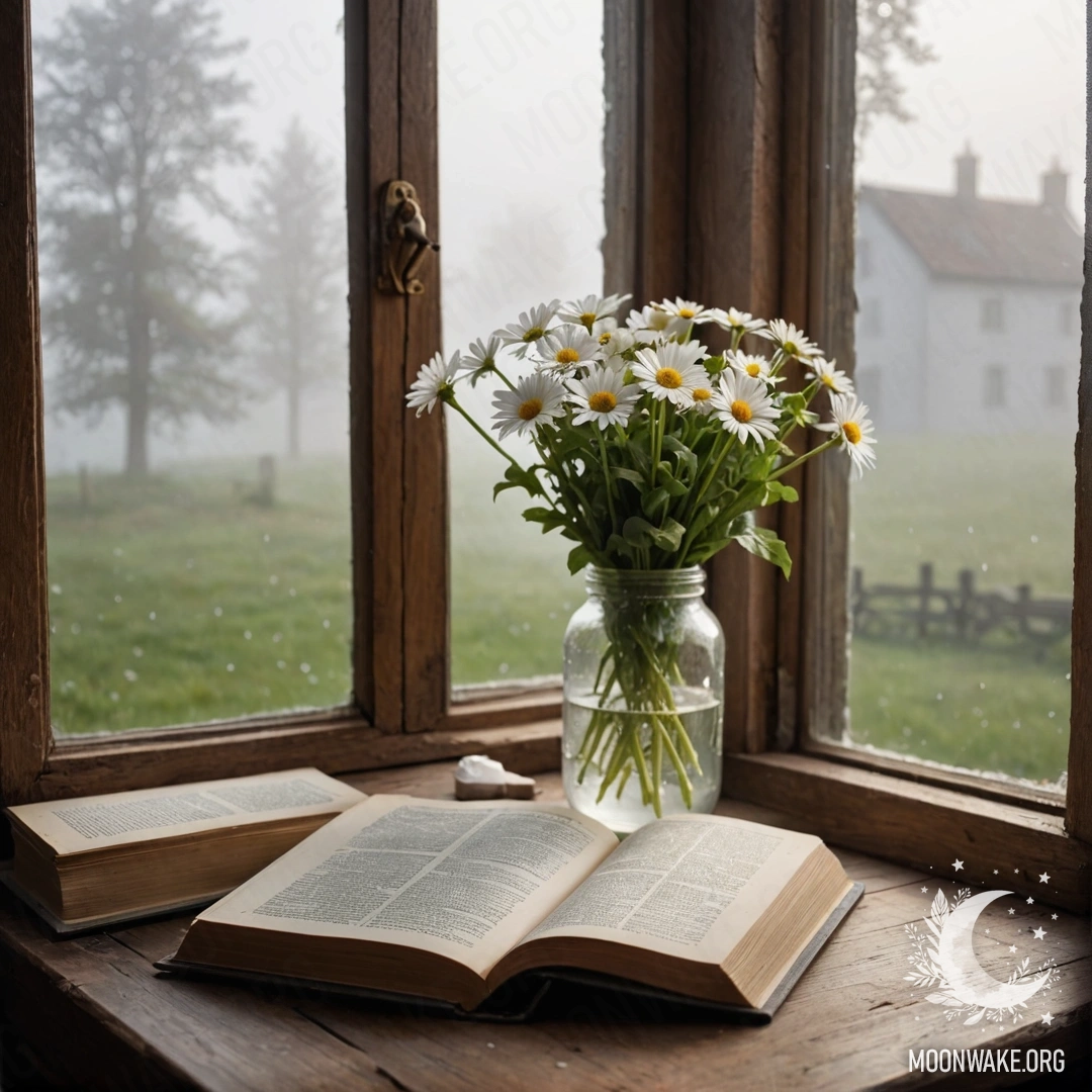 A shabby wooden windowsill with a jar of daisies and an open book surrounded by heavy fog.
