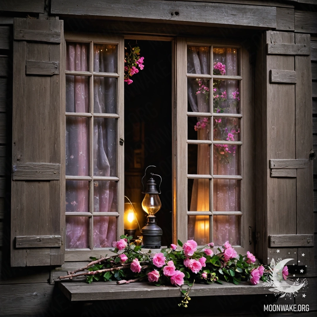 A shabby wooden windowsill featuring a jar with daisies and an open book on a foggy background.