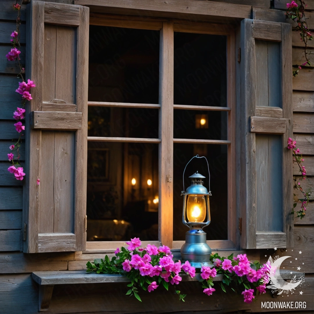 A shabby wooden windowsill with a jar of daisies and an open book with a lens next to it.